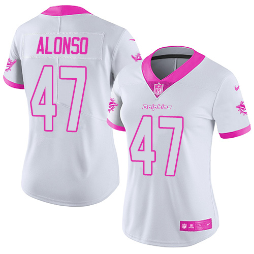 Women's Limited Kiko Alonso Nike Jersey White/Pink - #47 Rush Fashion NFL Miami Dolphins